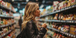 A 35-year-old woman stands in a convenience store, surrounded by shelves of products as she gazes thoughtfully at the street outside, her black jacket adding a touch of elegance to the bustling super