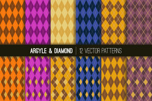 Argyle And Diamond Seamless Vector Patterns In Navy, Blue, Gold, Burnt Orange And Purple Diamonds With Solid Gold Line. Pack Of  Twelve Harlequin Style Backgrounds. Repeating Pattern Tile Swatches
