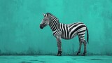 Fototapeta Konie -  a black and white zebra standing in front of a green wall with a black and white stripe on it's head and a black and white stripe on it's tail.