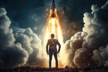 Wall Mural - a man wearing a suit standing in front of a rocket. perfect for illustrating the concept of technolo