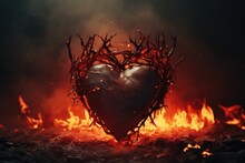 A Burning Heart With A Crown Of Thorns, Symbolizing Passion And Suffering. Suitable For Religious And Emotional Concepts