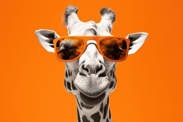 Sticker - A giraffe wearing sunglasses standing against an orange background. Perfect for adding a touch of fun and quirkiness to any project