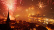 new year fireworks over Zurich city center with famous Fraumunster and Grossmunster Churches and river Limmat at Lake Zurich, Canton of Zurich, Switzerland