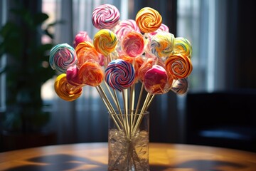 Wall Mural - A vibrant vase filled with a variety of colorful lollipops. Perfect for adding a touch of sweetness and fun to any event or celebration