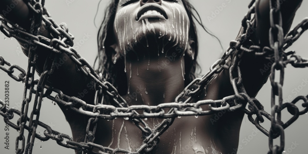 A powerful image of a naked woman chained to a chain. This photo can be ...