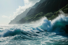 Majestic Waves Crash Against The Coastline With Lush Green Mountains In The Background, Embodying Nature's Power And Beauty. Generative AI Image