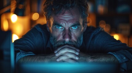  a man sitting in front of a laptop computer with his hands on his chin and looking at the camera with a serious look on his face.