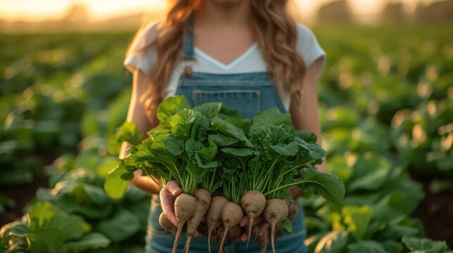  a woman holding a bunch of vegetables in her hands in the middle of a field of lettuce and radishes.