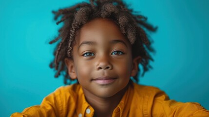 Wall Mural -  a close up of a child's face with dreadlocks and a yellow shirt on, against a blue background.