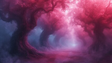 Poster -  a forest filled with lots of trees on top of a lush green forest covered in pink and blue mists.