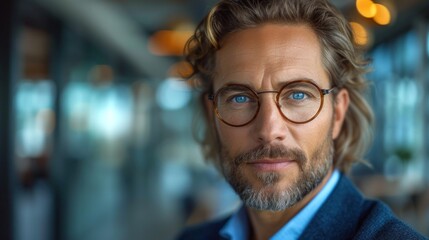  a close up of a person wearing glasses with a suit and tie in front of a building with lights in the background.