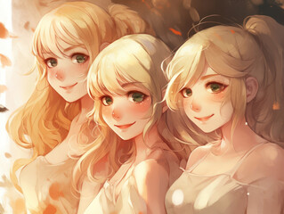 Wall Mural - Portrait of three anime happy blonde girls showing white smile, laughing and looking carefree at camera, standing in the sunlight. blonde day