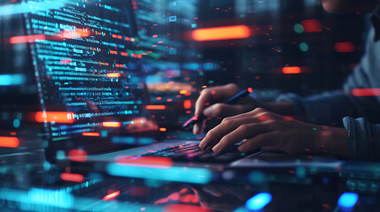 double exposure of a person working at a computer and digital code. illustration of programmers writ