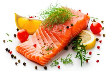 Wall Mural - Closeup of fresh salmon slice with isolated white background