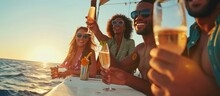 Group Happy Rich People Have A Party In Yacht With Drink Champagne At Summer Day. AI Generated Image