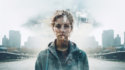 Double exposure urban portrait of person