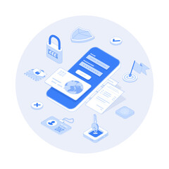 Wall Mural - Credit Card Security. Protection of personal information.Money protection, online banking, payment protection. Shield guard, fingerprint.Vector outline illustration with isometry scene for web graphic