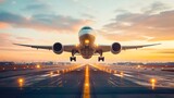 Fototapeta  - Commercial airplane taking off from the runway at sunset with glowing lights and a clear sky.