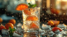  A Glass Filled With Ice And Oranges On Top Of A Table With A Splash Of Water On Top Of The Glass And Oranges On The Side Of The Glass.