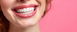 Woman's White Smile with Rhinestone Tooth Decoration. Close-up of a smiling woman's mouth with a sparkling rhinestone on her tooth, banner template, copy space. 