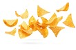 Delicious Mexican nacho chips flying on white background