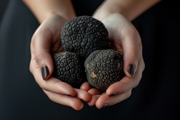 Poster - Expensive fragrant truffle mushroom held by a woman Photo with black background and space for a copy