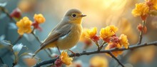  A Small Yellow Bird Sitting On A Branch Of A Tree With Yellow And Red Flowers In Front Of A Blue Sky With The Sun Shining Through The Branches Of The Branches.