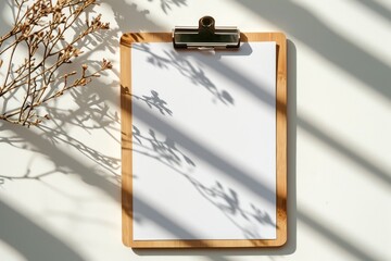 Sticker - Floral shadows on a white background featuring a wooden clipboard with blank A4 paper Simplistic concept for menus and business templates