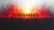  A Painting Of A Group Of People Standing In Front Of A Bright Orange And Red Light In The Middle Of A Crowd Of People Standing In Front Of A Black And White And Red Smoke.