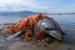 © ADDICTIVE STOCK - Dolphin trapped in ocean waste highlighting pollution crisis. Generative AI image