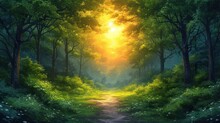  A Painting Of A Path In The Middle Of A Forest With A Bright Light Coming Through The Trees On Either Side Of The Path Is A Dirt Road With Grass And Flowers On Both Sides.