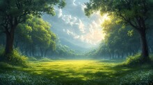  A Painting Of A Lush Green Forest With A Bright Light Coming Through The Trees On The Far Side Of The Picture Is A Grassy Field With White Daisies And Blue Flowers In The Foreground.