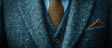  A Close Up Of A Person Wearing A Blue Suit With A Yellow Tie And A Blue Shirt With A Brown Polka Dot Pattern And A Blue Jacket With A Blue Shirt.