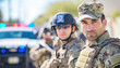 Texas national guard. Portrait of a border patrol agent and a Texas trooper and a Police officer standing out background of a cop car
