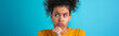 Website header with curly pensive, thinking girl. doubtful and questioning expression. Panoramic banner with frowning, comical and funny face. Frown and doubt concept idea. Blue Copy space for ad
