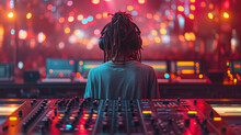 Horizontal Poster Of A DJ Girl; Musician And Producer Seen From Behind With Professional Headphones, During A Live Concert Of Ambient, Electronic Music In A Room Full Of Lights. Audio Technology