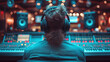 Horizontal poster of a guy listen to music in the recording studio. Musician and producer seen from behind wearing professional sound engineer headphones. audio technology equipment and control panel