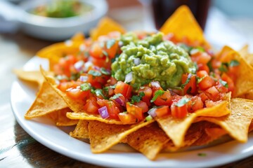 Poster - Guacamole covered corn chips on white plate