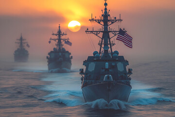 Warships with US flag at sea.