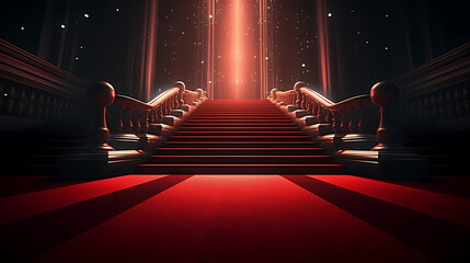 Red carpet on the stairs on dark background, the way to glory, victory and success