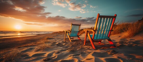 Wall Mural - View of beach chairs at sunset