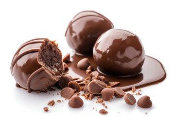 Wall Mural - Melted chocolate balls on white background