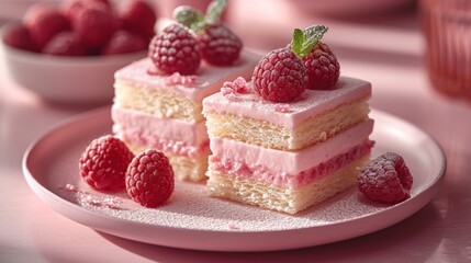  a piece of cake with raspberry frosting and fresh raspberries on top of it on a pink plate next to a bowl of raspberries.