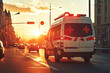 An ambulance rides along a traffic road to rescue in the rays of sunset light