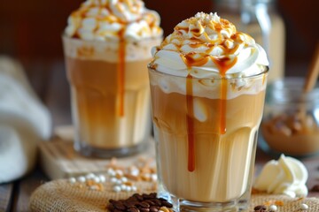 Sticker - Refreshing and sweet iced coffee with caramel flavor whipped cream and caramel sauce