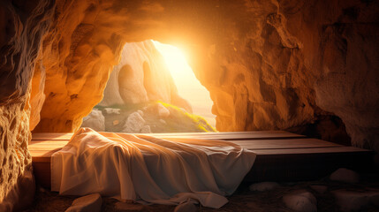 Wall Mural - Bible, Easter, Resurrection, The empty tomb of Jesus, where the shrouds lie abandoned. The sun rises.