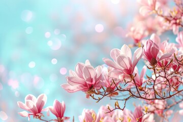 Sticker - Springtime banner featuring a magnolia tree with blooming flowers against a pastel blue sky and pink backdrop in a wide composition