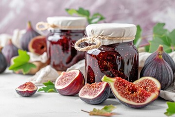 Wall Mural - Sweet fig jam in jars placed on a white table