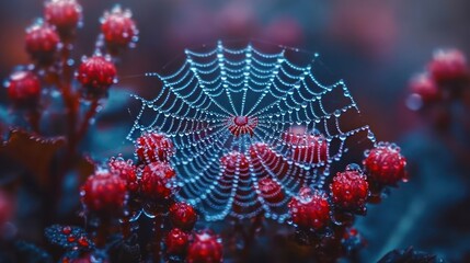  a close up of a spider web on a plant with red flowers in the foreground and a blurry background of blue and red flowers in the foreground.