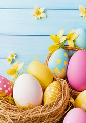 Wall Mural - easter eggs in a basket with flowers